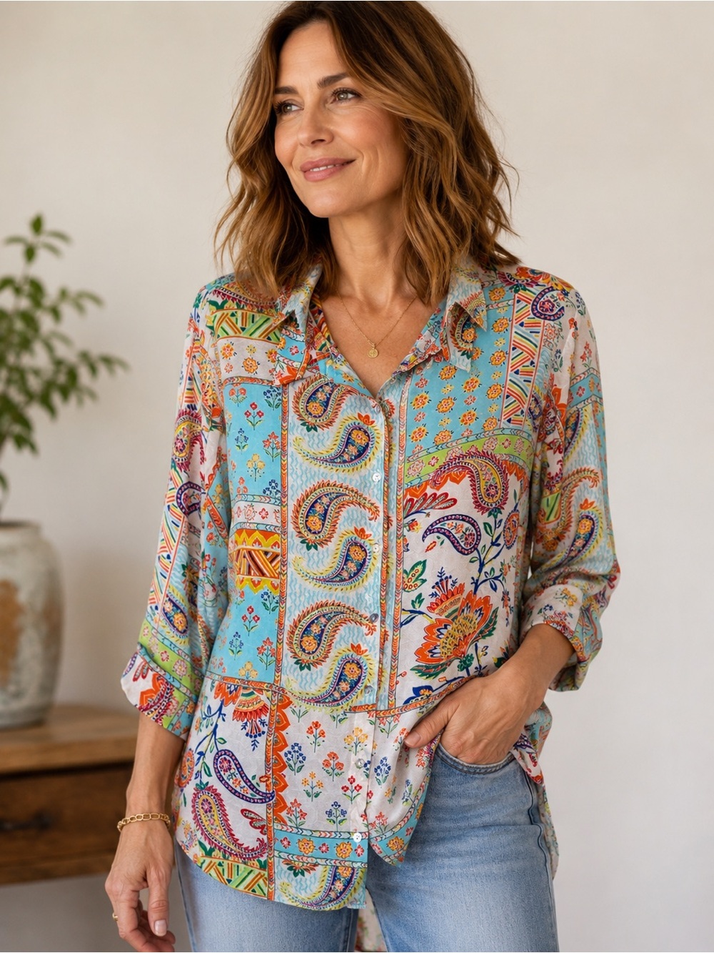 Rose + Olive Boho Paisley Floral Button Front Blouse – Size 1X
